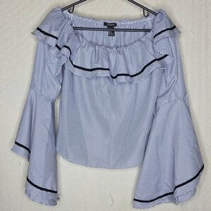 Forever 21 Navy and White Striped Off-Shoulder Blouse